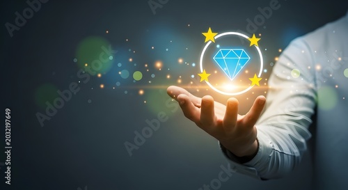 Hand presenting a glowing diamond icon with surrounding stars digital illustration