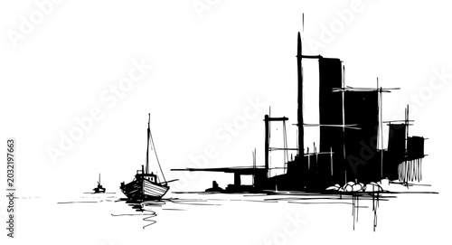 Fotografie Small Fishing Boat Approaching Modern City Harbor Skyline Monochrome Ink Sketch