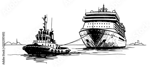 Obraz na płótnie Tugboat Towing Large Cruise Ship In Harbor Black And White Vector Illustration
