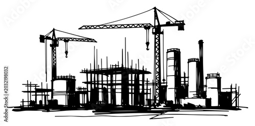 Large construction site with tower cranes and industrial structures — black and white vector illustration