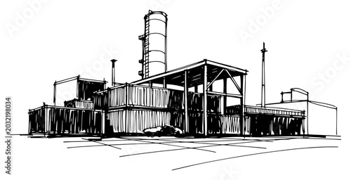 Tableau sur toile Refinery Factory Complex With Chimney And Storage Tanks Monochrome Ink Sketch Ve