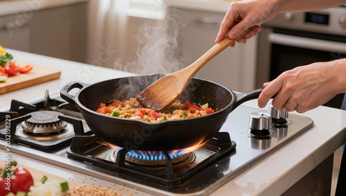 StirFrying Vegetables with Rice in Modern Kitchen Cooking Process