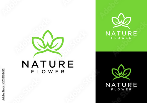 Elegant green leaf and flower logo design concept for organic natural products, beauty brands, wellness, or environmental initiatives, featuring a clean minimalist vector graphic