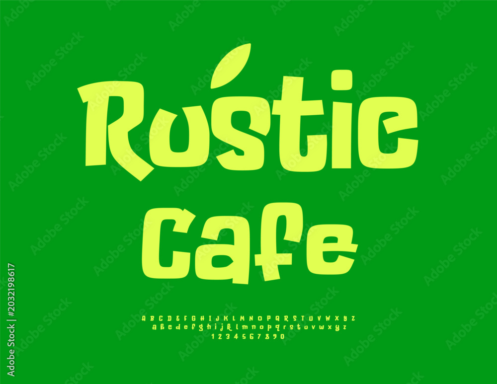 Naklejka premium Vector Cute banner Rustic Cafe. Funny Yellow Font. Comic style Alphabet Letters and Numbers set.