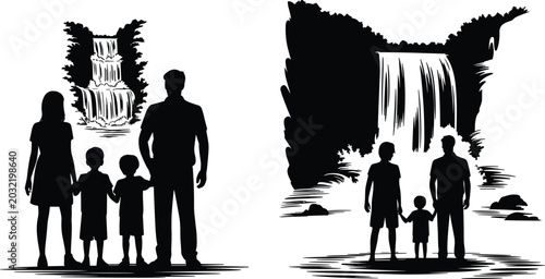 Schilderij op canvas Family Silhouettes Watching Scenic Waterfalls in Natural Landscape Isolated on L
