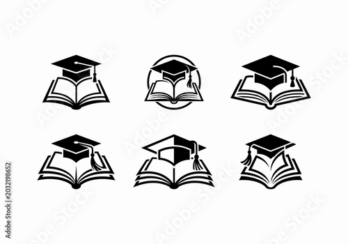Collection of Graduation Caps and Books Icons Representing Education and Knowledge