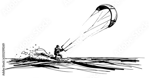 Foto Kitesurfer riding a wave extreme water sport dynamic hand drawn vector sketch