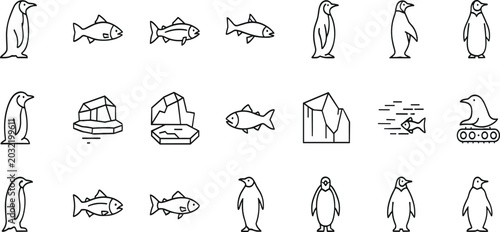Bild auf Leinwand Penguin and Fish Wildlife Icon Set Featuring Arctic Animals, Marine Creatures, I