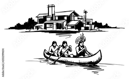 Fotografía Brazilian culture set with modern house and Amazonian indigenous people in canoe