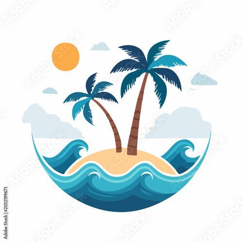 Tropical Island Paradise with Palm Trees and Ocean Waves