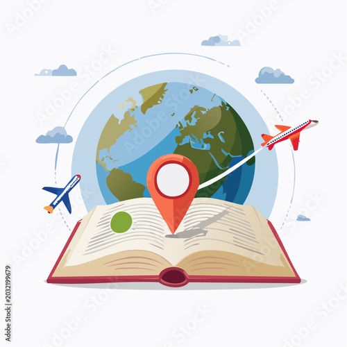 Travel and Exploration Concept: Book, Globe, Airplanes, and Map Pin