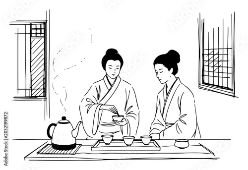 Obraz na płótnie Traditional chinese tea ceremony with two women in hanfu vector sketch illustrat