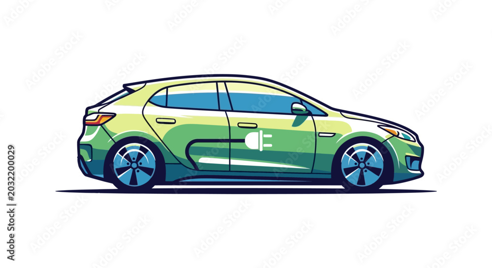 Obraz premium Green hatchback car with charging port illustration