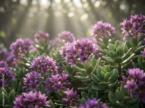 Flowers Nature Sunlight Rays Through Lush Green Succulents and Purple Blooms Background for Garden Design