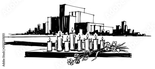 Foto Memorial vigil with burning candles and flowers for a city tragedy vector sketch