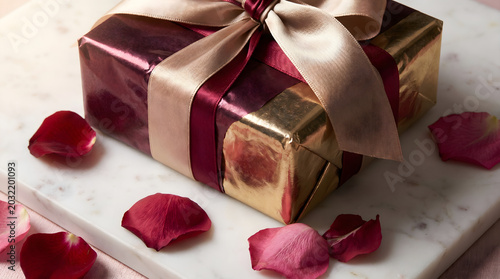 Gift Wrapped Present with Silk Bow on Marble Surface for Holiday Celebration Concept