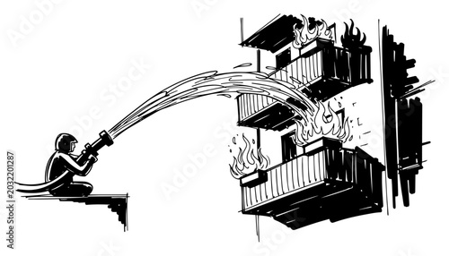 Tablou pe pânză Firefighter extinguishing a fire on apartment building balconies with a water ho