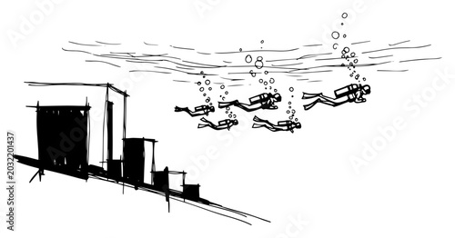 Konstfotografi Group of scuba divers exploring a sunken city after a flood vector sketch