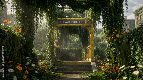 Nature Overgrowth Entrance Archway Leading to Mysterious Foggy Passage for Cinematic Mood Setting