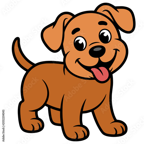 Happy cartoon brown puppy dog sitting and smiling with tongue out in bright illustration