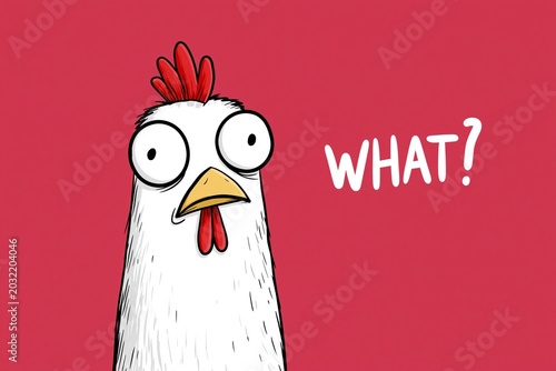 Funny surprised chicken with what text on pink background