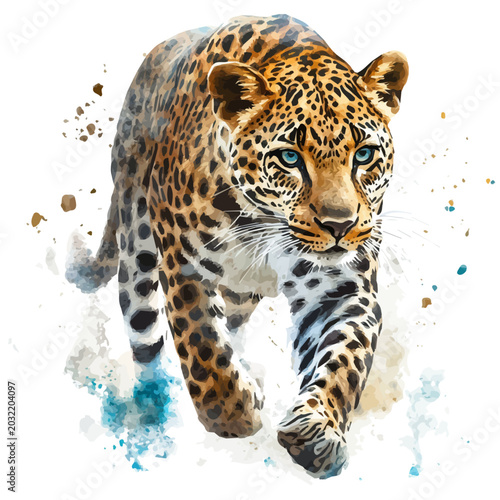 Photography Leopard, watercolor illustration featuring playful movement and lively expressions, isolated on a white background
