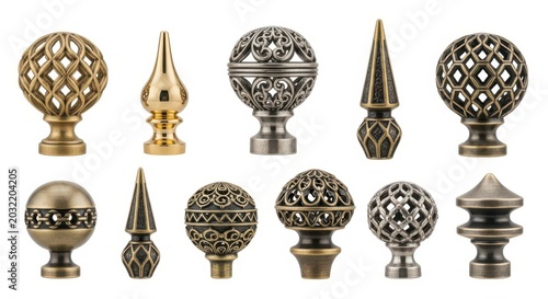 Decorative metal finials and ball finials with intricate designs