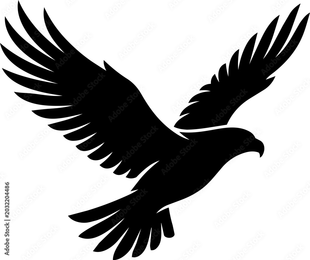 Obraz premium Flying Black Eagle Silhouette Against White Sky in Minimalist Style