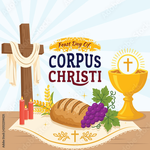 Quadro em tela Corpus Christi Catholic Religious Holiday Vector Illustration with handwritten feast day typography, cross, bread, grapes, and candle