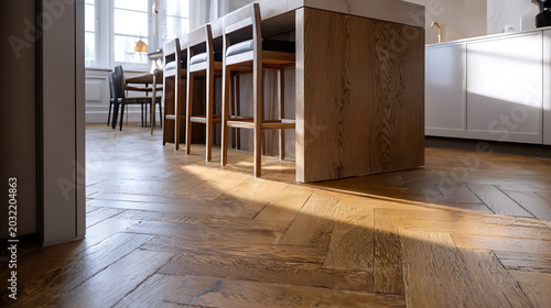 Sunlit hardwood herringbone floor in a modern kitchen interior with breakfast bar stools and cabinets  showcasing elegant home decor elements