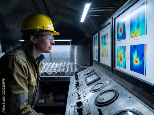 Scientist Monitoring Industrial Data in Control Room Environment for Energy Research and Analysis