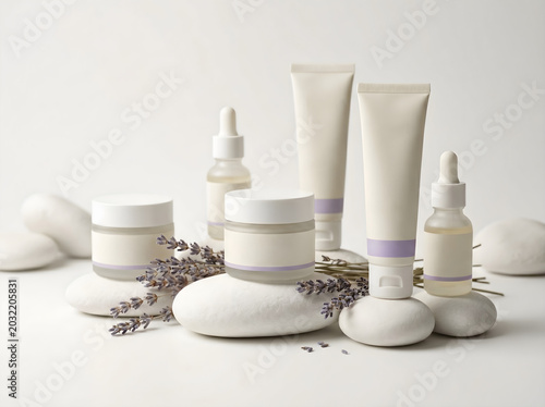 Skincare Beauty Products Arrangement with Lavender Stones and Natural Elements Studio Shot