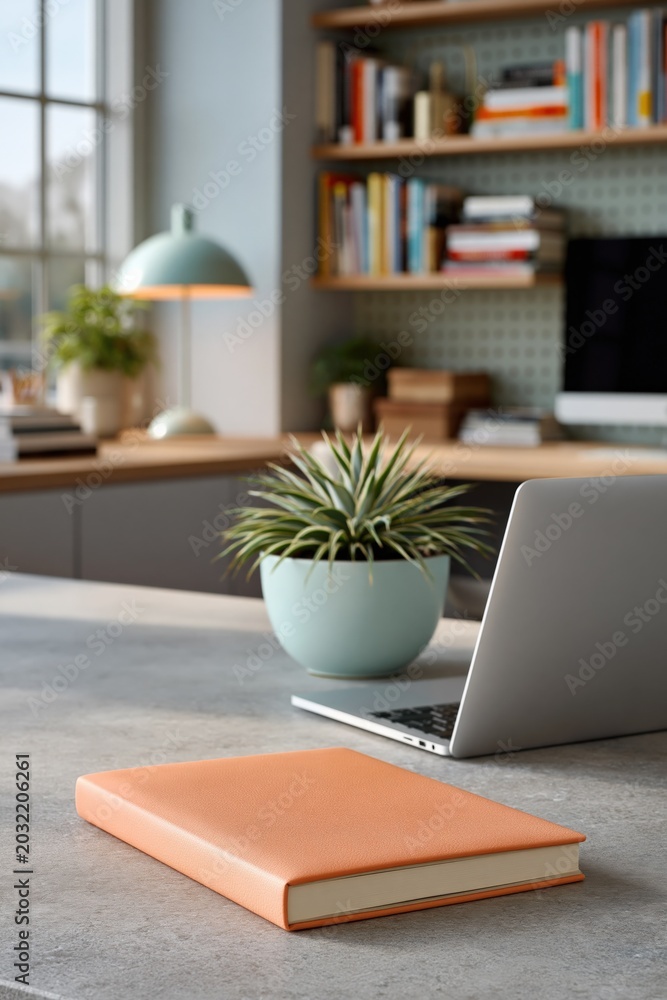 Fototapeta premium Laptop and plant beside notebook on home desk near window