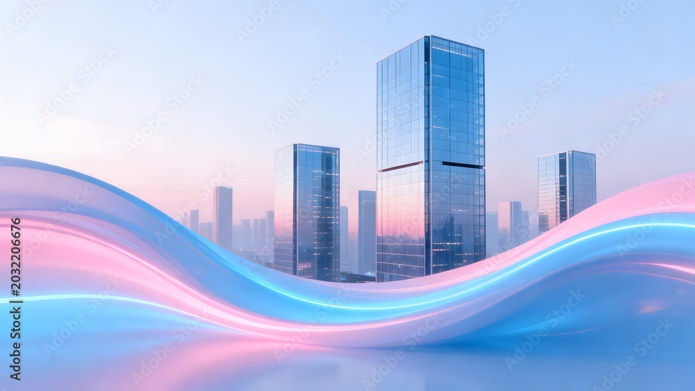 Fototapeta premium Modern city skyline with abstract wave design