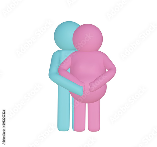 3D Pregnant Woman Hugged by Partner, Pastel Couple Illustration on png transparent Background, Pregnancy and Family Support Concept