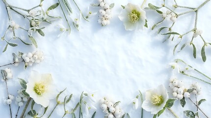 White flowers and eucalyptus leaves arranged in circular frame on light background creating natural botanical border for spring wedding invitations.