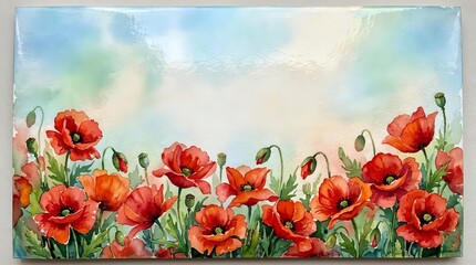 Watercolor red poppy flowers border with green leaves on textured paper background for spring greeting cards, botanical art prints and floral design projects.