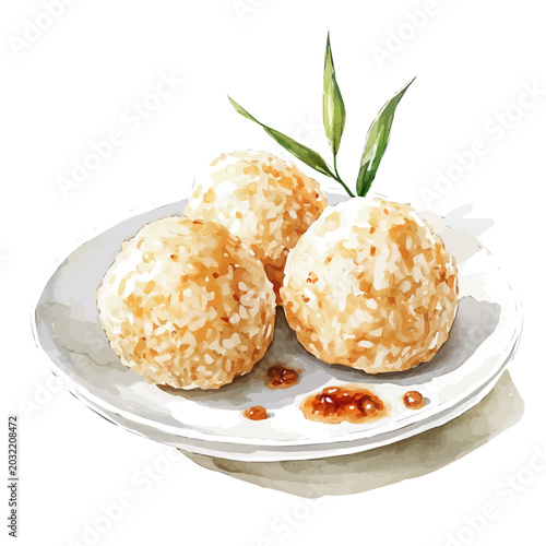 Schilderij op canvas Korean Rice Balls Jumeokbap, watercolor vector portraying a joyful pose with colorful highlights, isolated on a white background