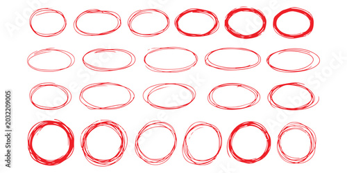 Foto Set of hand drawn red circles and oval scribble shapes for highlighting text and