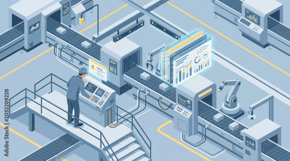 Obraz premium Modern isometric smart factory illustration featuring a worker monitoring automated production lines, robotic arms, and digital data dashboards for Industry 4.0 manufacturing concepts.