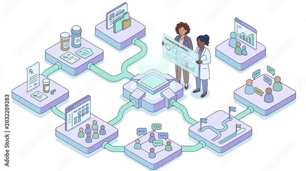 Fototapeta premium Isometric digital healthcare network illustration with diverse female doctor analyzing electronic medical records and patient data on a futuristic holographic dashboard, pastel purple and teal design.