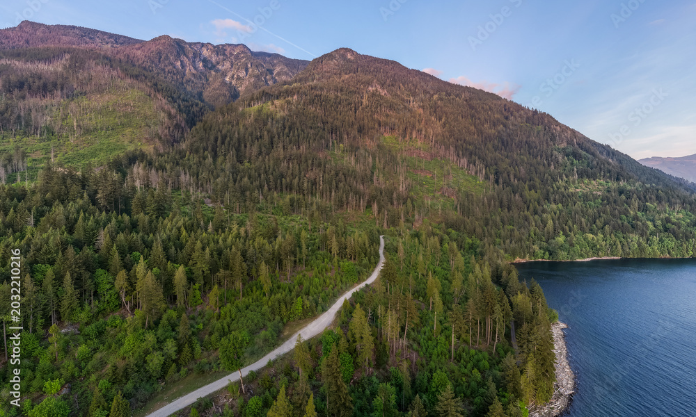 Fototapeta premium Aerial Panorama of Forested Mountains and Harrison Lake Shoreline in British Columbia, Canada