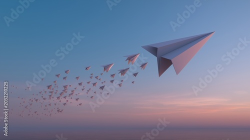 A white paper airplane transforming into a flock of real birds while soaring through a clean pastel sky, symbolizing imagination, growth, freedom, and the journey from simple ideas to limitless possib
