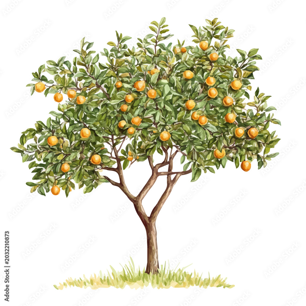 Fototapeta premium Jujube Tree, watercolor painting capturing graceful lines and soft blended shades, isolated on a white background.