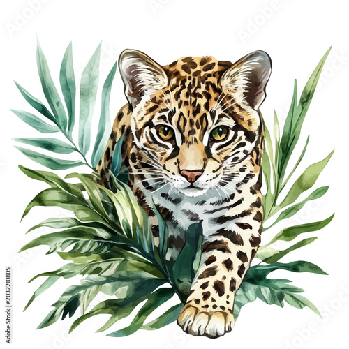 Photography watercolor painting of Jungle Cat, isolated on a white background