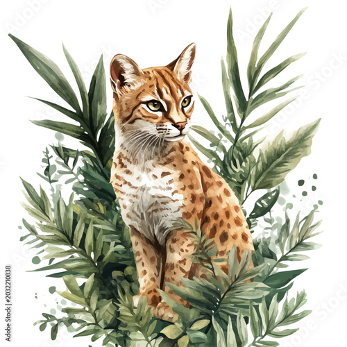 Jungle Cat, watercolor artwork with bold brush accents and dynamic composition, isolated on a white background.