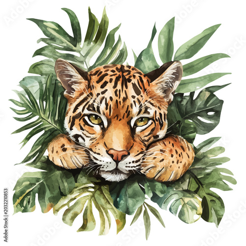 Canvas Print Jungle Cat, watercolor artwork with bold brush accents and dynamic composition, isolated on a white background
