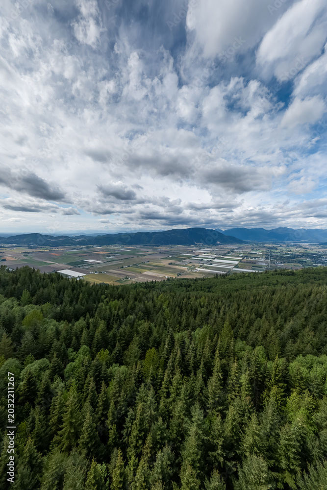 Obraz premium Aerial View of Fraser Valley Farmland and Forest With Mountains Under Dramatic Cloudy Sky, British Columbia