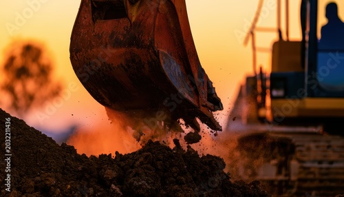 A large excavator digs into a pile of dirt at sunset