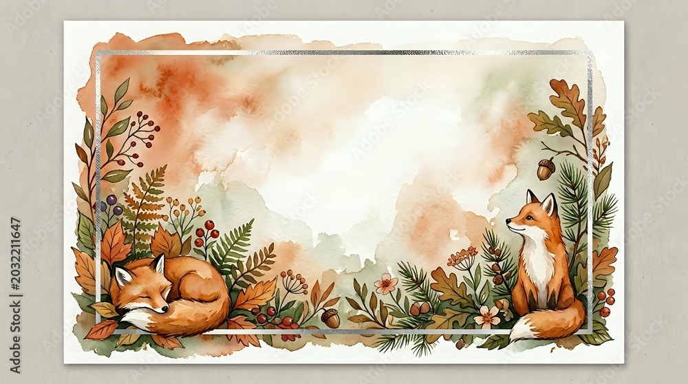 Fototapeta premium Watercolor autumn forest frame with sleeping foxes among ferns and foliage on transparent background, ready for seasonal design projects and crafts.